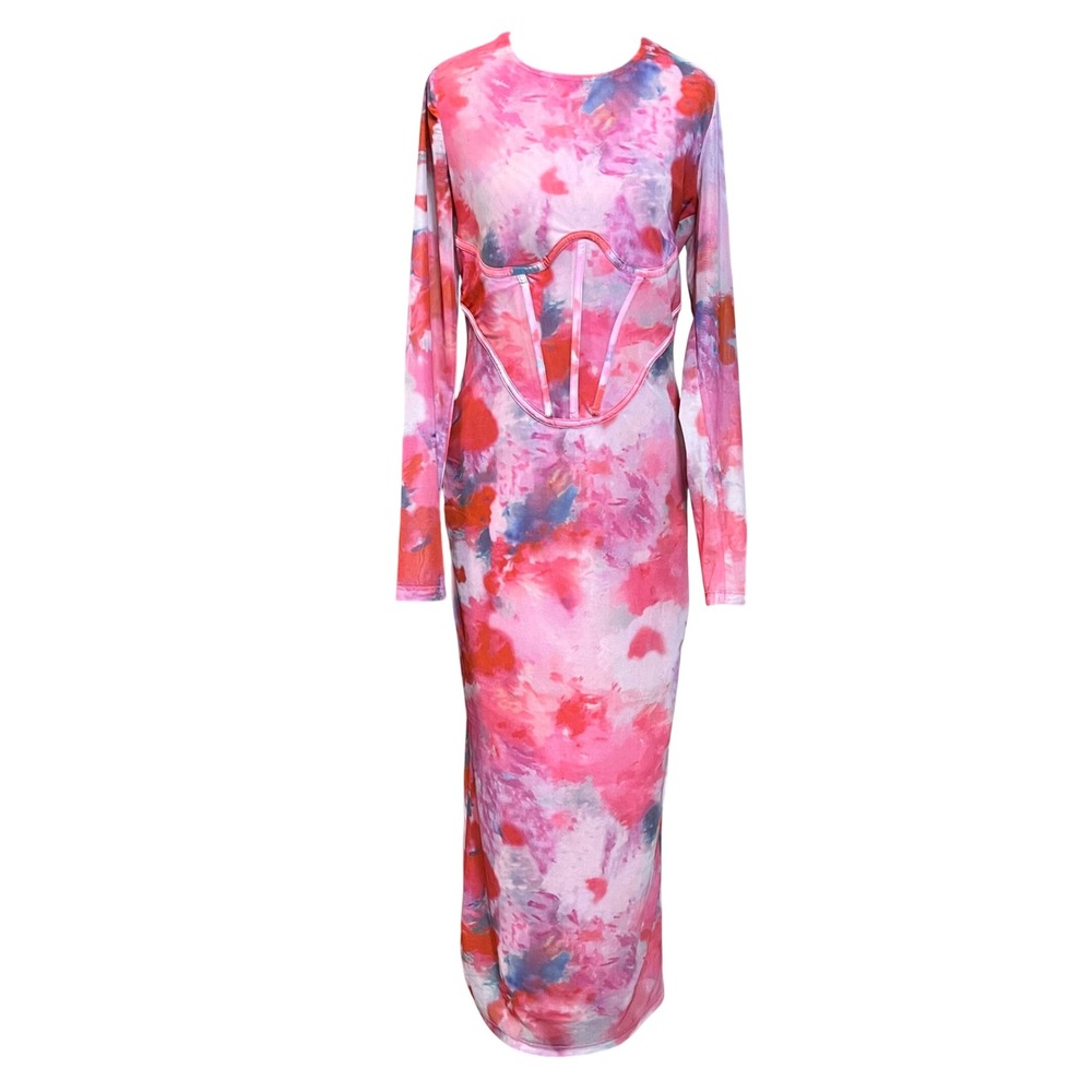Bardot Pink Wildflower Mesh Corset Midi Dress Long Sleeve Mock Neck Womens Large